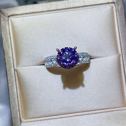Purple Moissanite Ring for Women, Round Cut Engagement Ring with Pavé Band