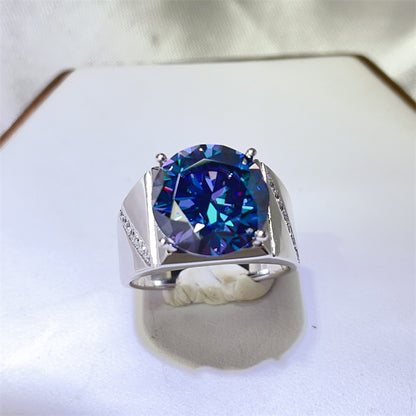 Men’s Blue Moissanite Ring Oversized Round Statement Ring with Side Accents