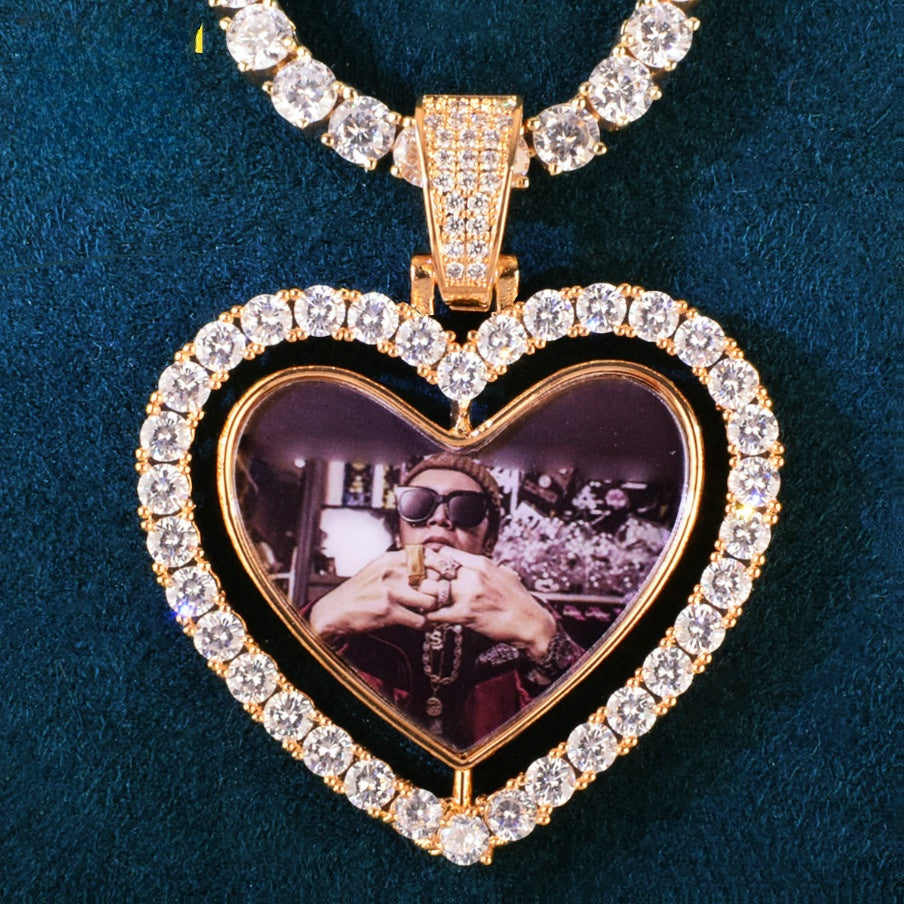 Unisex Iced Out Heart Photo Pendant Necklace