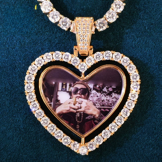 Unisex Iced Out Heart Photo Pendant Necklace