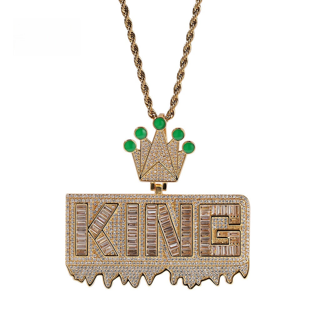 Iced Out KING Letter Pendant Necklace for Men and Women with Cubic Zirconia, Gold Plated Copper Hip Hop Statement Chain, 24 Inch Rope Twist Chain