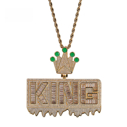 Iced Out KING Letter Pendant Necklace for Men and Women with Cubic Zirconia, Gold Plated Copper Hip Hop Statement Chain, 24 Inch Rope Twist Chain