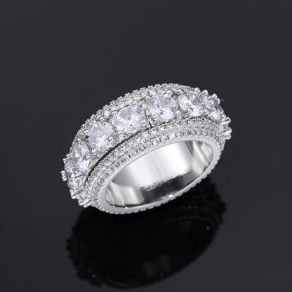 Iced Out Rotating Geometric CZ Ring for Men and Women – Round Cut Multi Row Statement Band