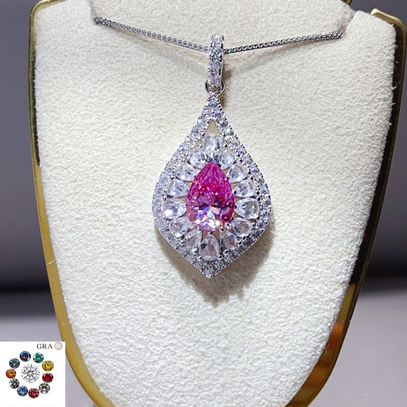 Pear Cut Moissanite Halo Pendant Necklace for Women, Teardrop Pavé Statement Necklace, Pink Center Stone Jewelry Gift product image