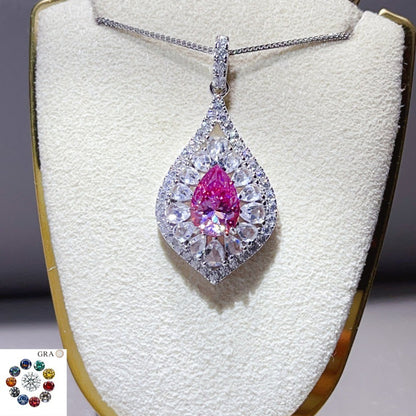 Pear Cut Moissanite Halo Pendant Necklace for Women, Teardrop Pavé Statement Necklace, Pink Center Stone Jewelry Gift