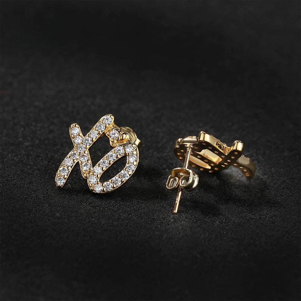 Cubic Zirconia XO Letter Stud Earrings for Women & Men, Gold or Silver Tone Copper Hip Hop Statement Earrings product image