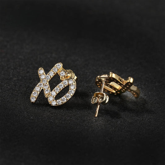 Cubic Zirconia XO Letter Stud Earrings for Women & Men, Gold or Silver Tone Copper Hip Hop Statement Earrings