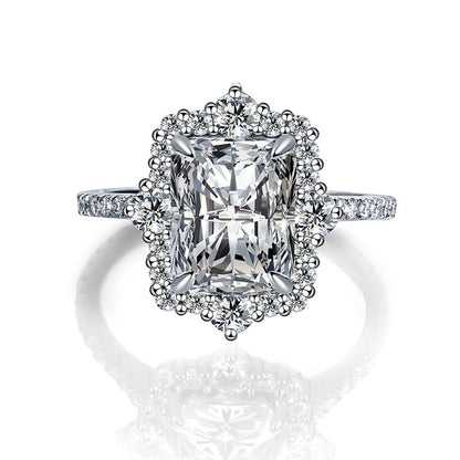 Radiant Cut Moissanite Halo Ring, 8x10 925 Sterling Silver Engagement Ring