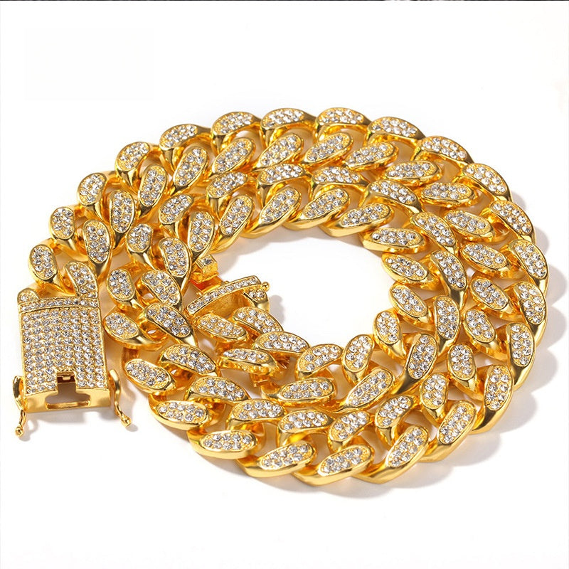 Iced Cuban Link Chain Necklace & Bracelet Set for Men, Gold Plated Statement Hip Hop Chain in Gold, Silver & Rose Gold