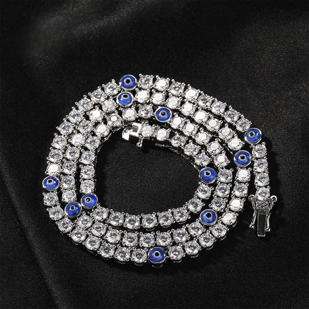 Unisex Evil Eye Cubic Zirconia Tennis Chain Necklace in Gold or Silver Tone