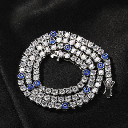 Unisex Evil Eye Cubic Zirconia Tennis Chain Necklace in Gold or Silver Tone