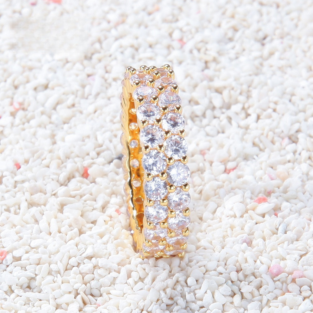 Unisex Double Row Cubic Zirconia Statement Ring – Round Cut Gold & Silver Hip Hop Style Band
