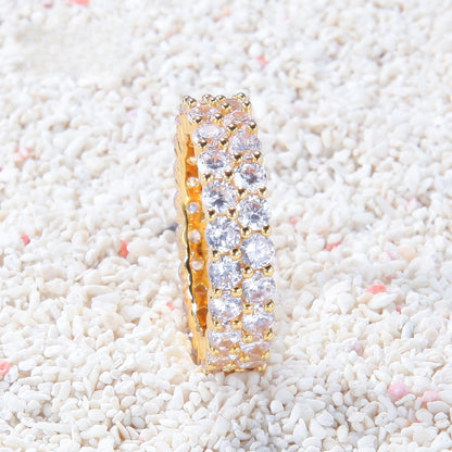 Unisex Double Row Cubic Zirconia Statement Ring – Round Cut Gold & Silver Hip Hop Style Band