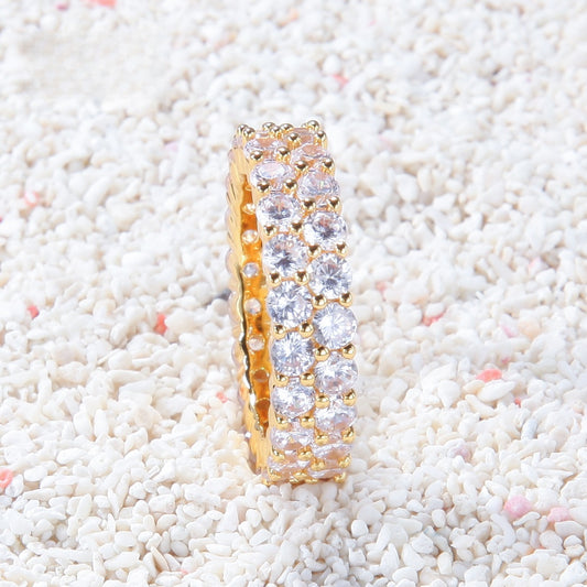 Unisex Double Row Cubic Zirconia Statement Ring – Round Cut Gold & Silver Hip Hop Style Band