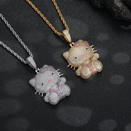 Cartoon Cat Rhinestone Pendant Necklace, Twisted Rope Chain, Cute Women's Jewelry