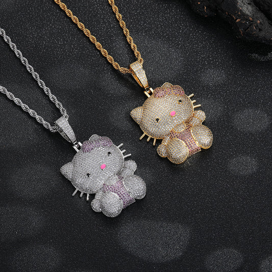 Cartoon Cat Rhinestone Pendant Necklace, Twisted Rope Chain, Cute Women's Jewelry