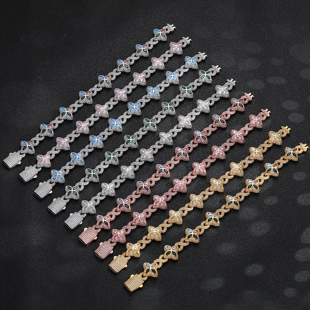 Clover Cuban Link Cubic Zirconia Bracelet & Necklace, Unisex Hip Hop Jewelry product image