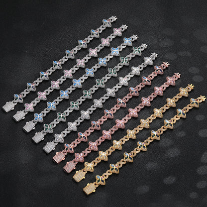 Clover Cuban Link Cubic Zirconia Bracelet & Necklace, Unisex Hip Hop Jewelry