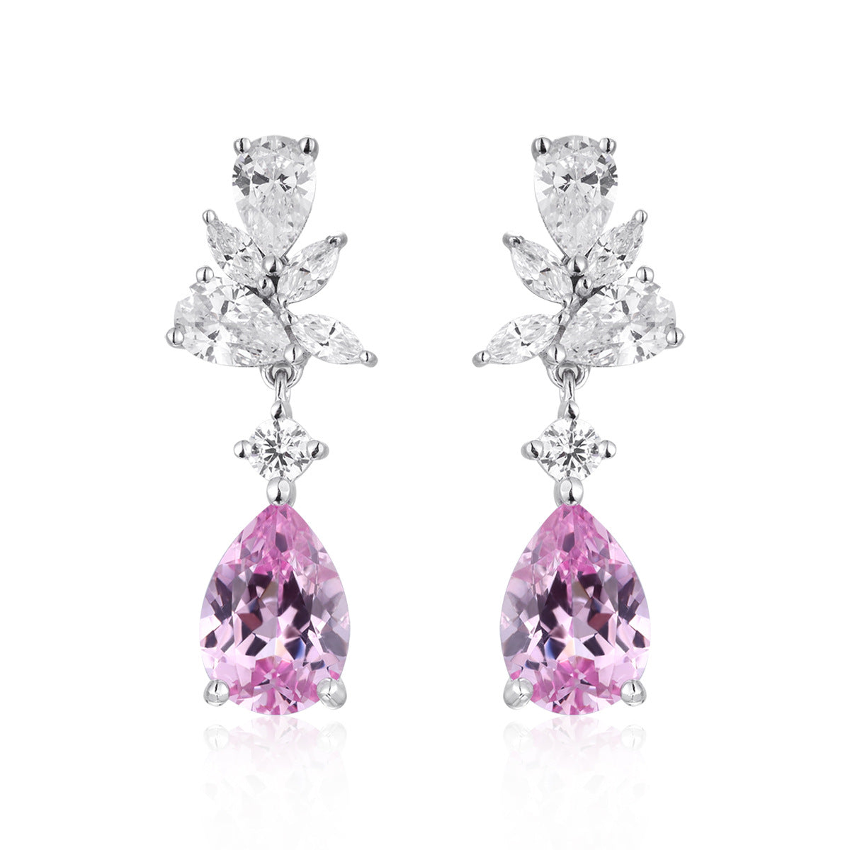 Pink Teardrop Drop Earrings for Women, Floral Crystal Stud Dangle Earrings product image