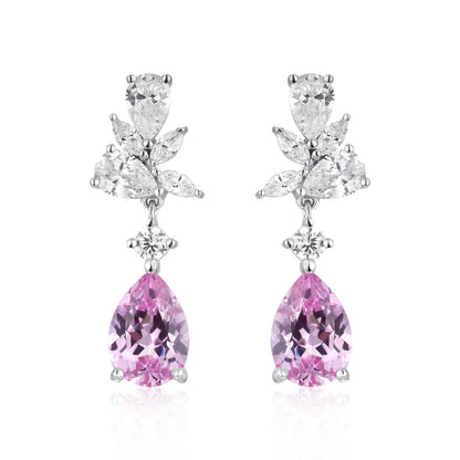 Pink Teardrop Drop Earrings for Women, Floral Crystal Stud Dangle Earrings