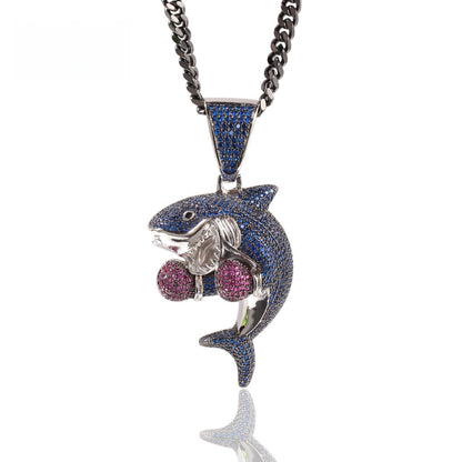 Iced Shark Pendant Necklace for Men with Cubic Zirconia Hip Hop Chain in Gold or Silver Tone
