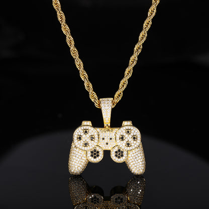 Iced Out Game Controller Pendant Necklace for Men and Women - Gold Tone Copper Hip Hop Rope Chain with Cubic Zirconia