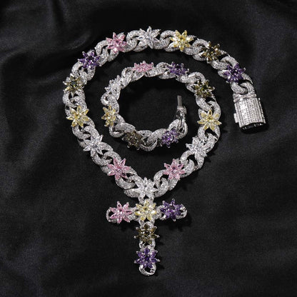 Iced Floral Cross Pendant Necklace with Cubic Zirconia Chain for Women & Men
