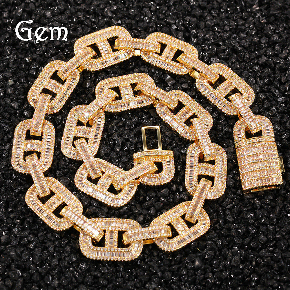 Iced Out Rectangular Link Chain Necklace Pendant for Women & Men - Gold Plated, Silver Plated or Pink White Cubic Zirconia Statement Hip Hop Chain
