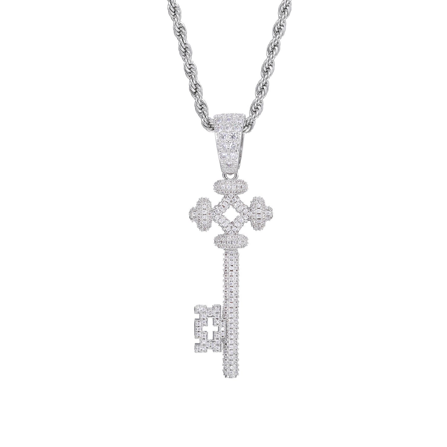 Iced Out Key Pendant Necklace for Women and Men - Geometric Cubic Zirconia Copper Chain Necklace product image