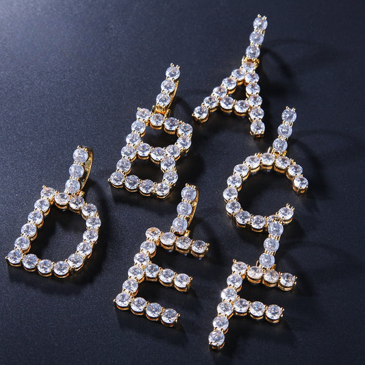 A-Z Initial Letter Pendant Necklace with Cubic Zirconia, Gold Plated or Silver Plated Hip Hop Chain Necklace for Women and Men
