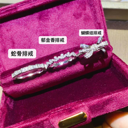 Moissanite Stackable Ring for Women - Tulip, Snake Bone & Butterfly Bow Row Ring, White-Tone Band, Sizes 9-19