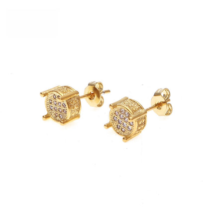 Unisex Round Micro Pave Stud Earrings in Gold or White Gold Tone