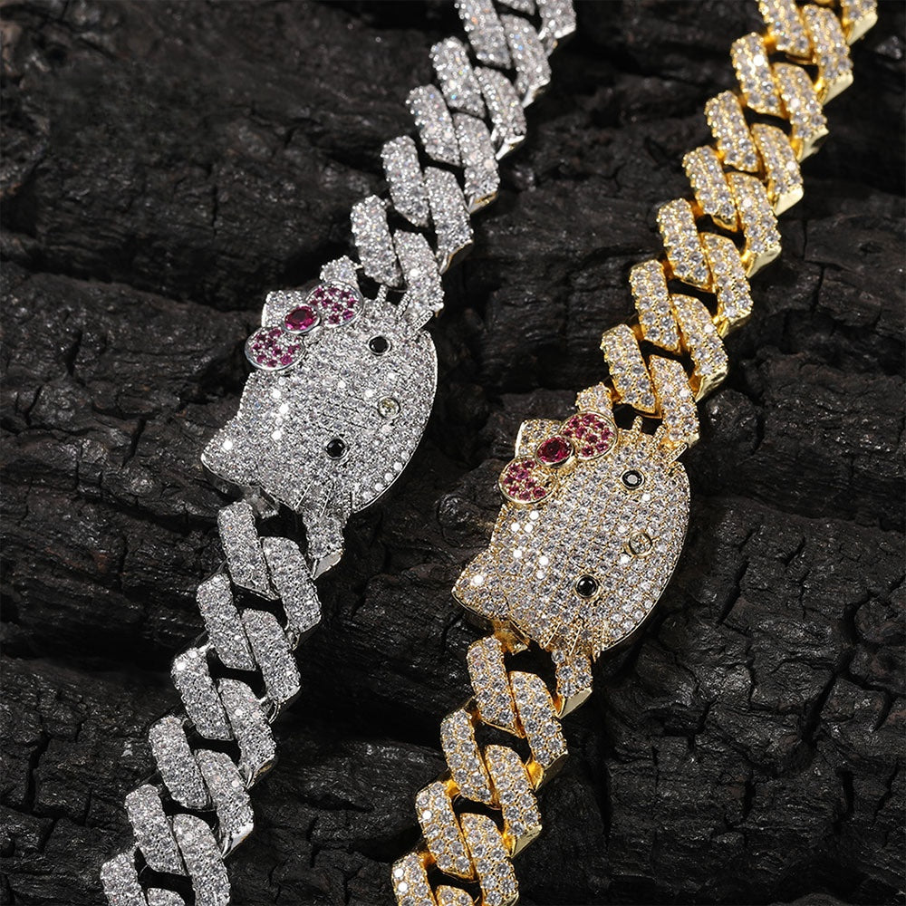 Iced Cartoon Cat Pendant Cuban Link Chain Necklace Bracelet for Women & Men, Gold Plated and Silver Plated Statement Jewelry
