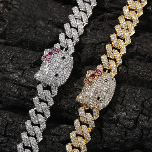 Iced Cartoon Cat Pendant Cuban Link Chain Necklace Bracelet for Women & Men, Gold Plated and Silver Plated Statement Jewelry
