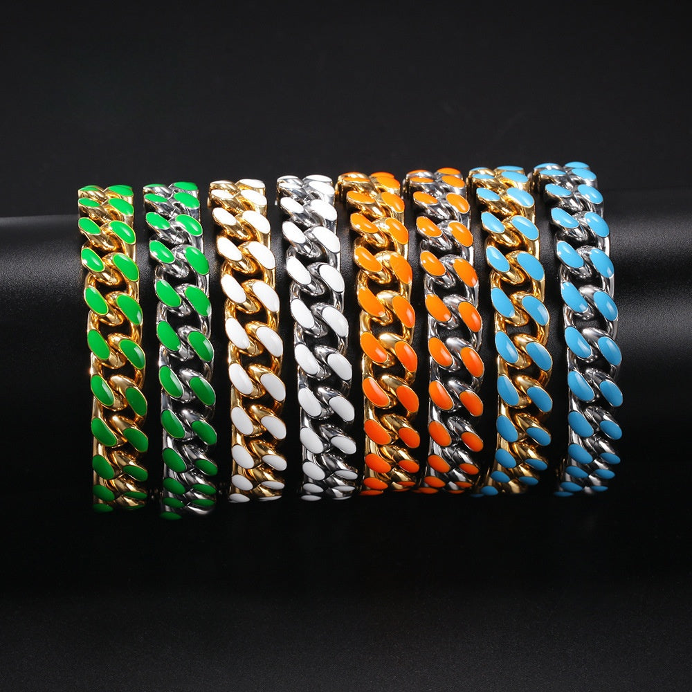 Unisex Stainless Steel Enamel Chain Bracelet - Hip Hop Statement Link Bangle in Gold or Silver Finish, 7 Inch & 8 Inch