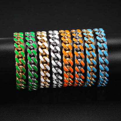 Unisex Stainless Steel Enamel Chain Bracelet - Hip Hop Statement Link Bangle in Gold or Silver Finish, 7 Inch & 8 Inch