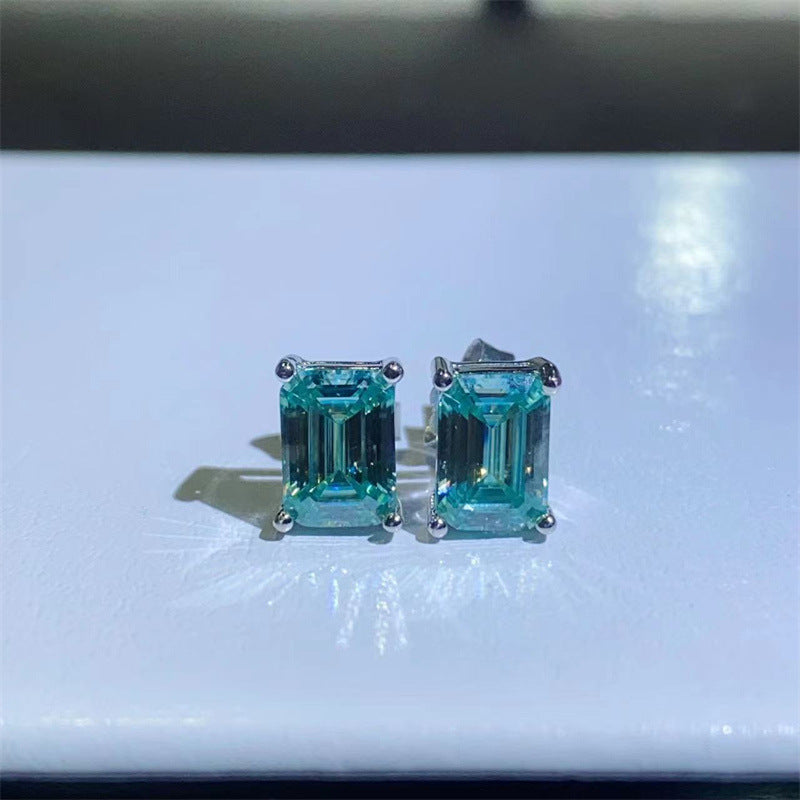 Green Moissanite Stud Earrings, Emerald Cut Geometric Unisex Earrings product image