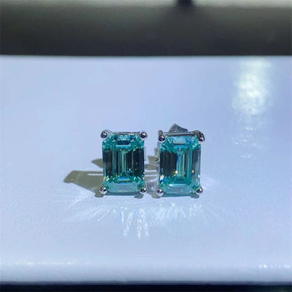 Green Moissanite Stud Earrings, Emerald Cut Geometric Unisex Earrings
