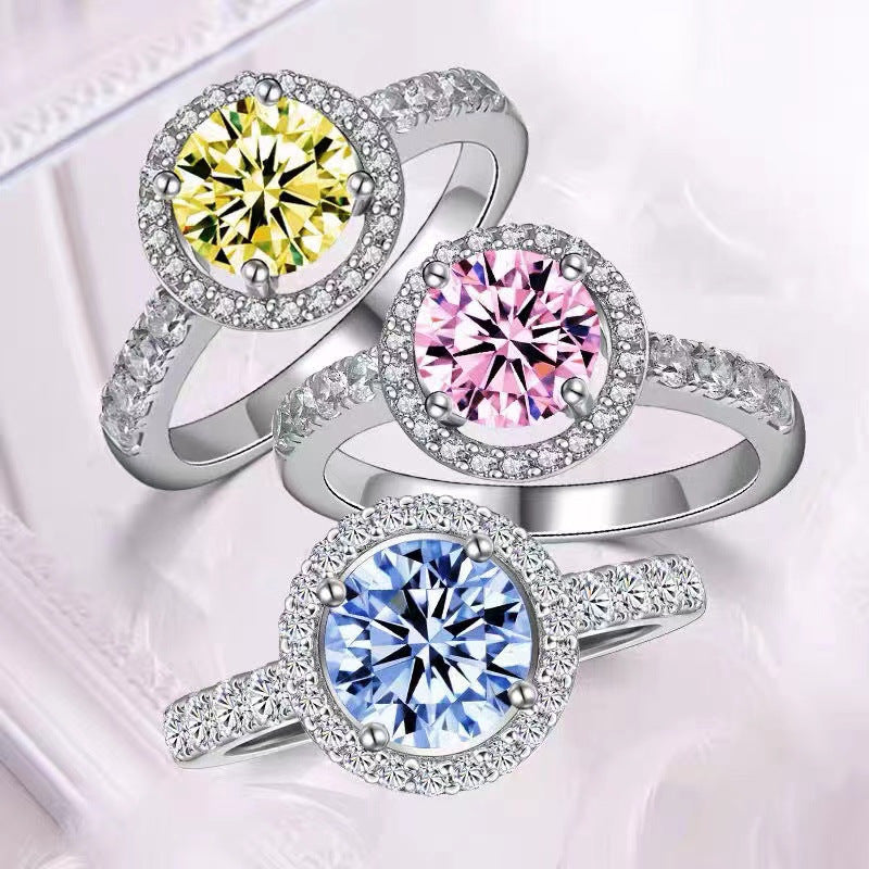 Round Halo Moissanite Ring for Women, Color Center Stone Engagement Ring, 0.5 to 2 Carat Look, White Pink Yellow Blue product image
