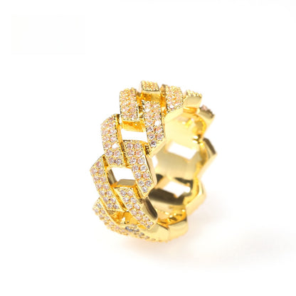 Iced Square Link Cuban Chain Ring with Cubic Zirconia for Women & Men - Gold or Silver Statement Ring