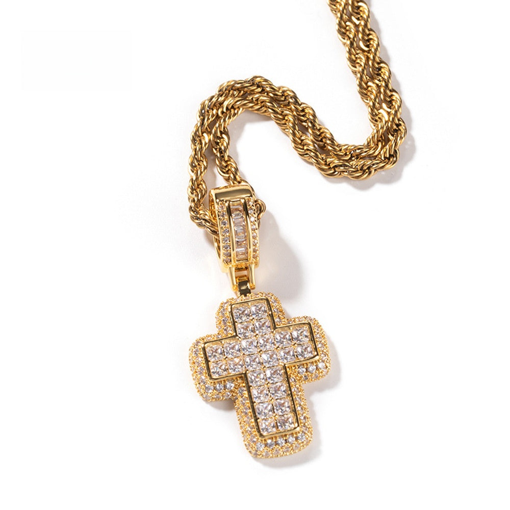 Unisex Cross Pendant Necklace with Cubic Zirconia Rope Chain - Gold Plated or Silver Plated Statement Jewelry
