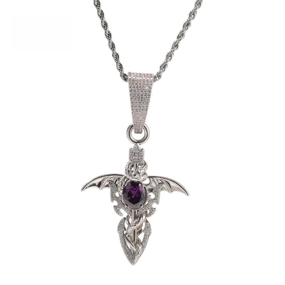 Men’s Iced Wing Pendant Necklace with Cubic Zirconia Twisted Chain, Silver or Gold Tone Statement Jewelry