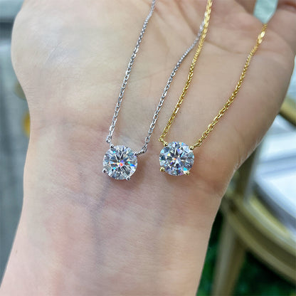 Round Moissanite Pendant Necklace, 4-Prong Solitaire, 18K Gold Plated S925 Silver