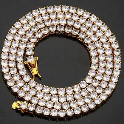 Unisex Iced Out Tennis Chain Necklace or Bracelet, Round Cut Cubic Zirconia Geometric Hip Hop Chain in Gold or Silver Tone