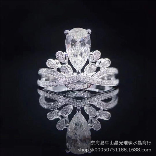 Pear Cut Moissanite Crown Ring for Women, Halo Engagement Ring, 1 Carat or 2 Carat