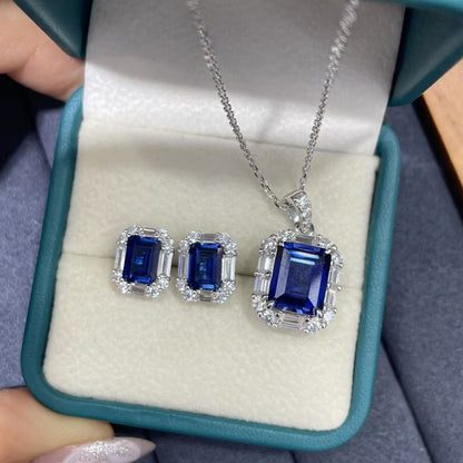 Blue Rectangular Sapphire Pendant Necklace with Halo Chain