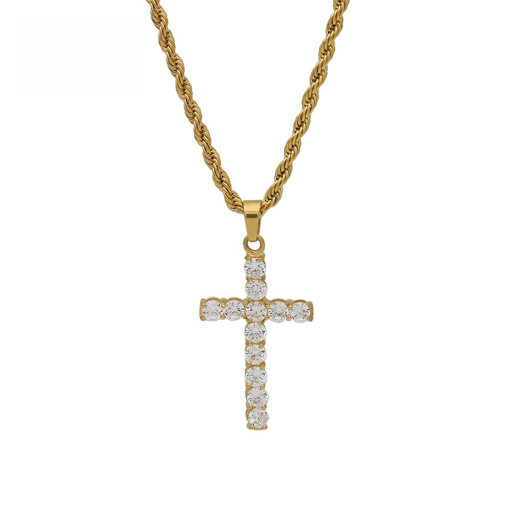 Iced Cross Pendant Necklace for Women & Men - Stainless Steel Rope Chain, Gold Plated or Silver Plated Statement Chain Jewelry