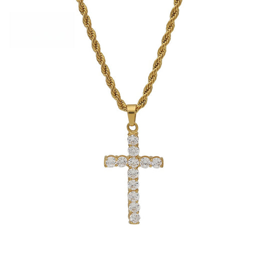 Iced Cross Pendant Necklace for Women & Men - Stainless Steel Rope Chain, Gold Plated or Silver Plated Statement Chain Jewelry