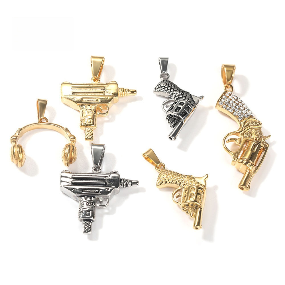 Stainless Steel Hip Hop Pendant Necklace with Cuban Chain - Headphones, Mini Pistol, Submachine Pendant in Gold or Silver Tone