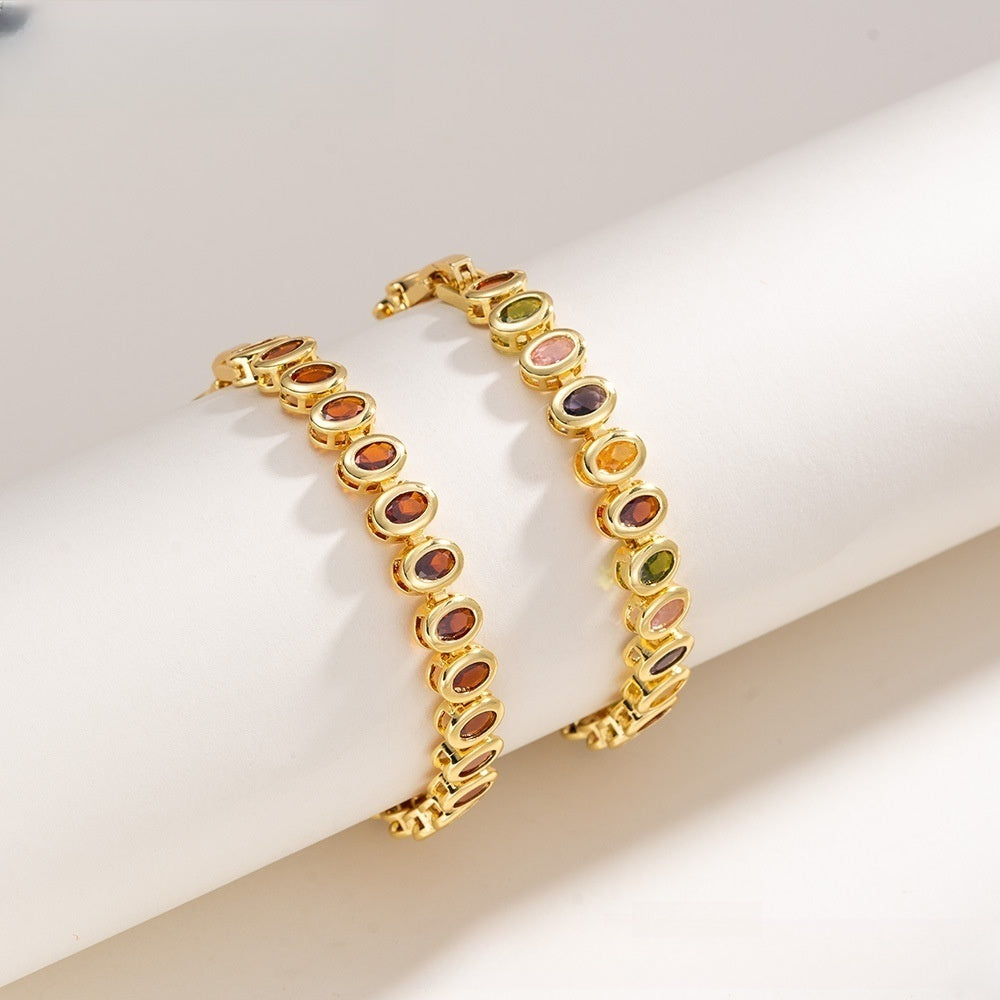 Colorful Oval Crystal Link Bracelet for Women and Men, Gold Plated Fashion Statement Chain Bracelet